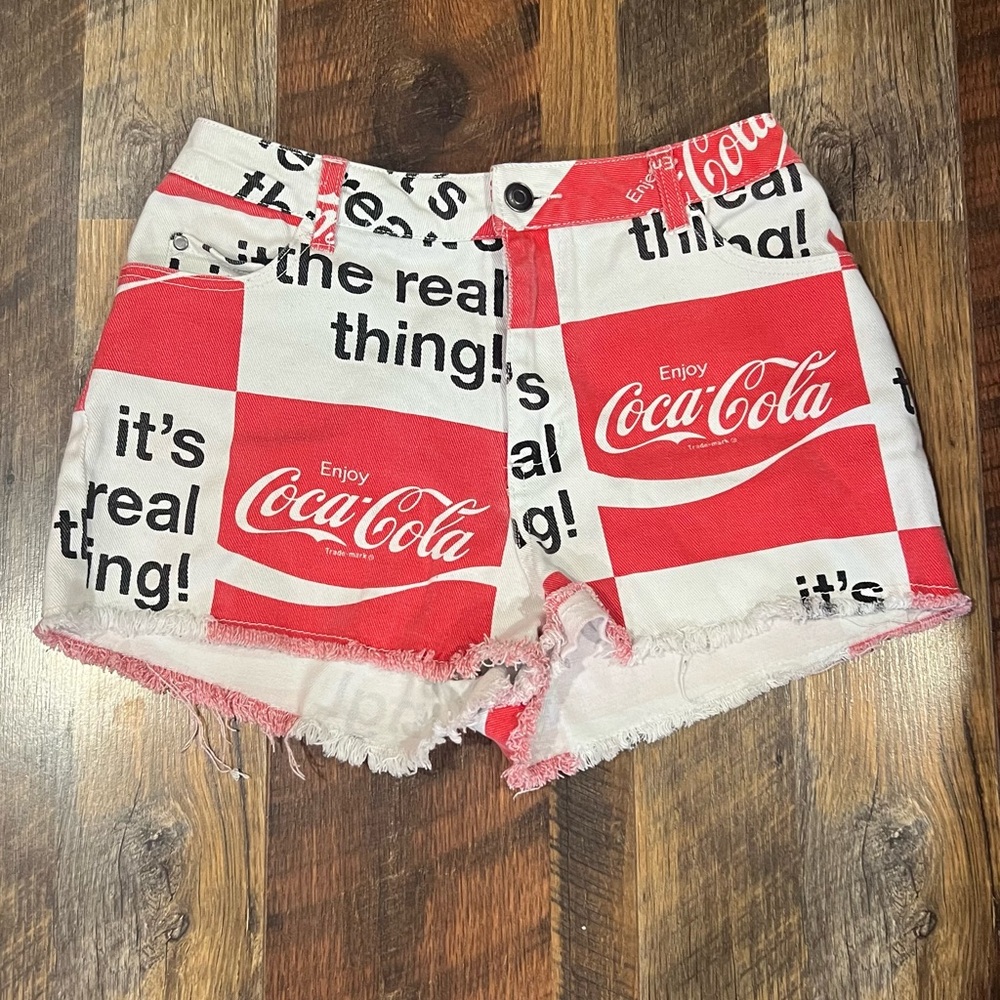 Coca Cola Red and White Jean Shorts with Distressed Hem Vintage